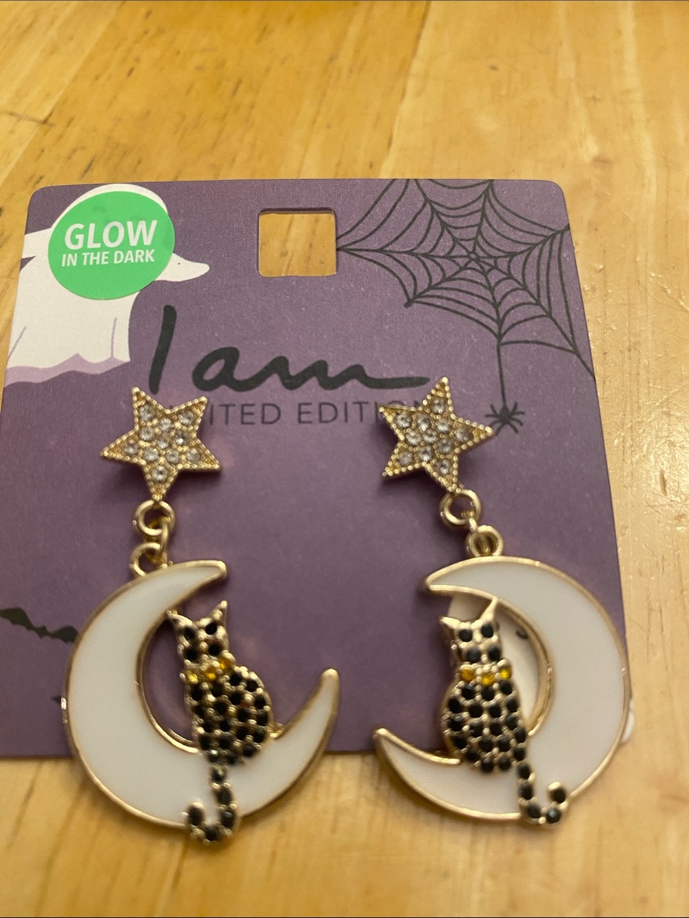 I am White Moon & Black Cat Dangle Earrings Glow in dark NWT halloween